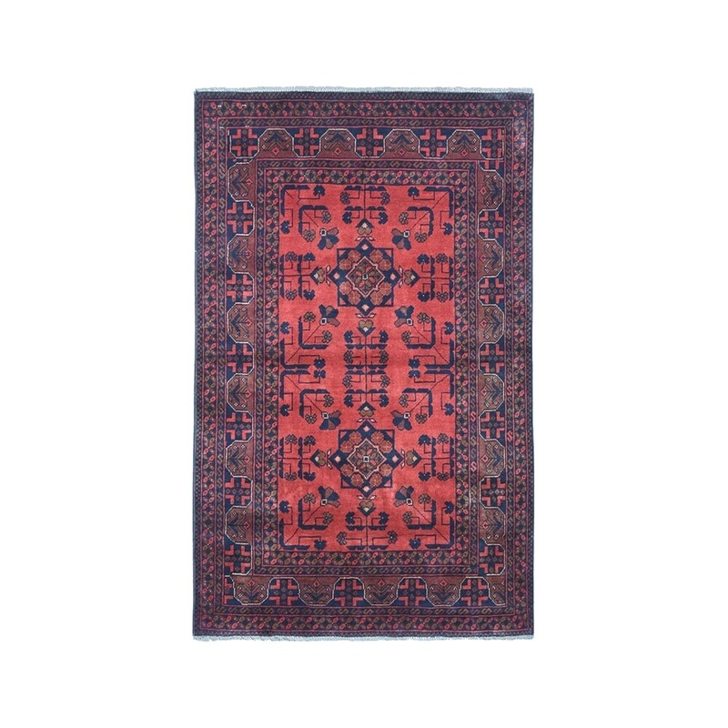 Shahbanu Rugs Vintage Look Red Geometric Afghan Andkhoy Pure Wool Hand-Knotted Rug (3'2" x 4'9") - 3'2" x 4'9"