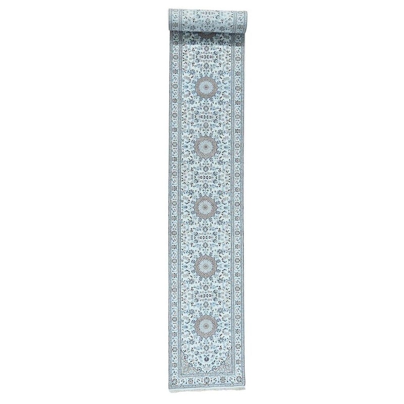 Shahbanu Rugs Wool And Silk 250 KPSI Ivory Nain Hand-Knotted Oriental XL Runner Rug (2'9" x 23'9") - 2'9" x 23'9"