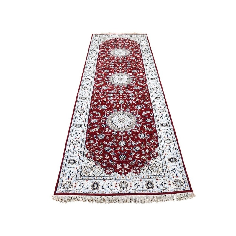 Shahbanu Rugs Wool and Silk 250 Kpsi Red Nain Hand-Knotted Runner Rug (2'9" x 8'0") - 2'9" x 8'0"