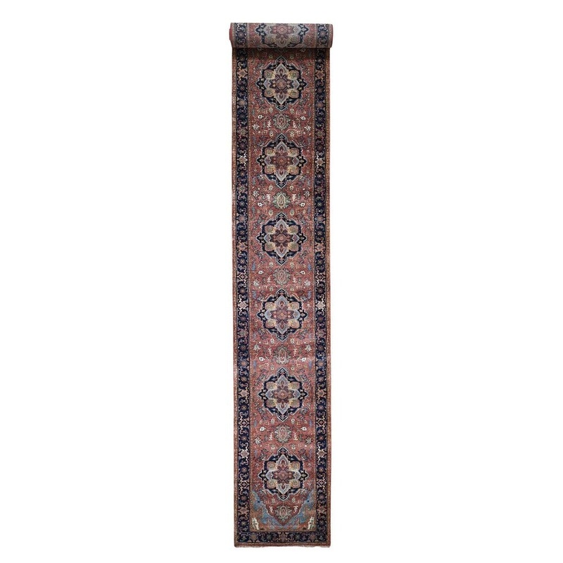 Shahbanu Rugs Antiqued Heriz Re-creation Pure Wool XL Runner Hand Knotted Rug (2'7" x 20'0") - 2'7" x 20'0"