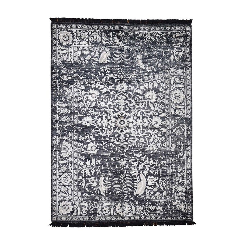 Shahbanu Rugs Black Modern Broken Design Art Silk Hand-Knotted Oriental Rug (5'1" x 7'2") - 5'1" x 7'2"