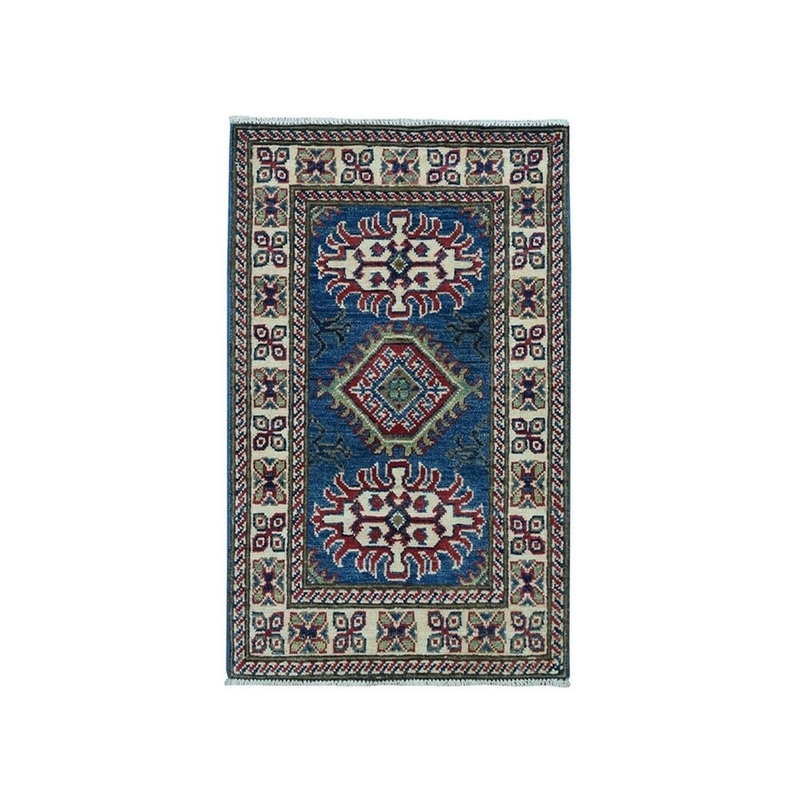 Shahbanu Rugs Blue Geometric Design Kazak Pure Wool Hand-Knotted Oriental Rug (1'10" x 2'10") - 1'10" x 2'10"