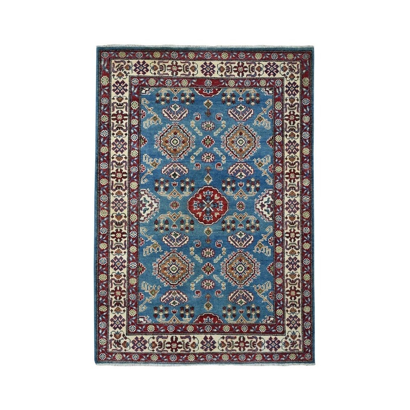 Shahbanu Rugs Blue Geometric Design Kazak Pure Wool Hand-Knotted Oriental Rug (4'0" x 6'0") - 4'0" x 6'0"