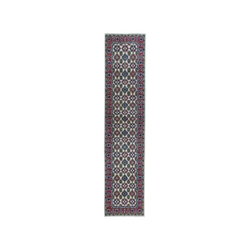 Shahbanu Rugs Ivory Geometric Design Kazak Runner Pure Wool Hand-Knotted Rug (2'9" x 9'8") - 2'9" x 9'8"