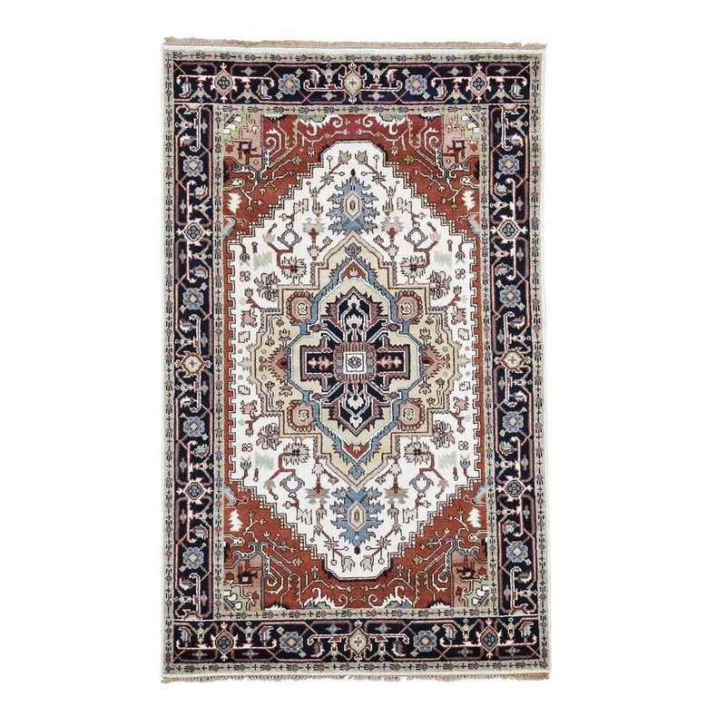 Shahbanu Rugs Ivory Indo Heriz Pure Wool Hand-Knotted Oriental Rug (5'1" x 8'4") - 5'1" x 8'4"