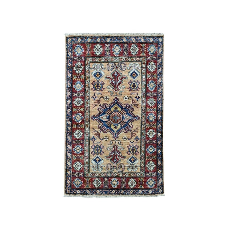Shahbanu Rugs Peach Super Kazak Pure Wool Geometric Design Hand-Knotted Oriental Rug (2'8" x 4'0") - 2'8" x 4'0"
