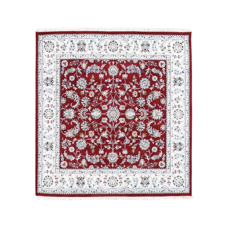 Shahbanu Rugs Red Square Nain Wool and Silk All Over Design 250 KPSI Hand Knotted Oriental Rug (6'0" x 6'0") - 6'0" x 6'0"