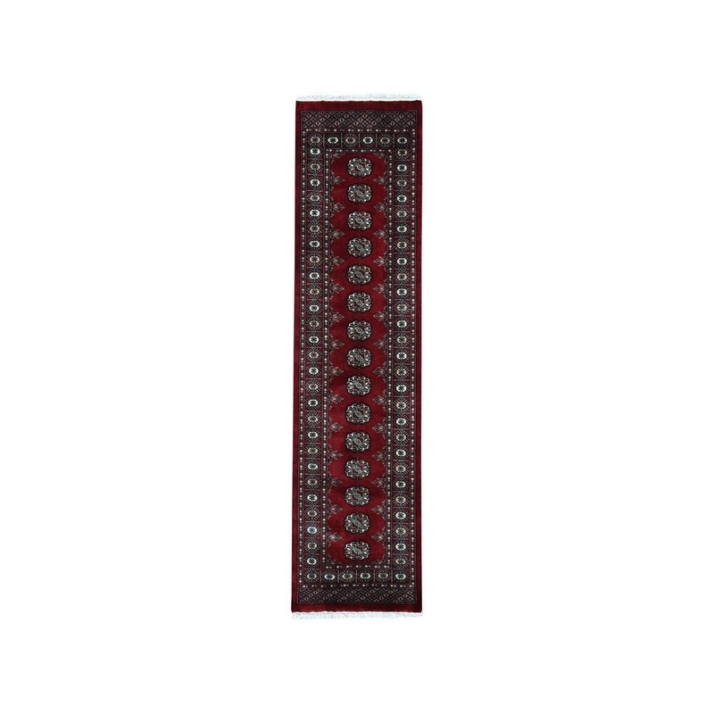 Shahbanu Rugs Red Super Fine Bokara Elephant Feet Design Runner Hand-Knotted Rug (2'0" x 6'0") - 2'0" x 6'0"