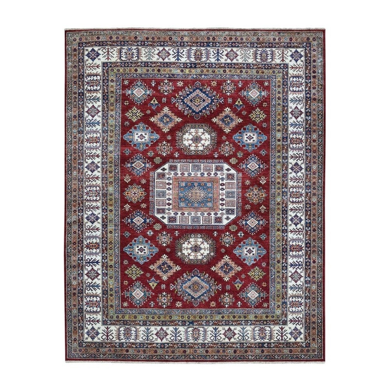Shahbanu Rugs Red Super Kazak Pure Wool Geometric Design Hand Knotted Oriental Rug (7'10" x 10'6") - 7'10" x 10'6"