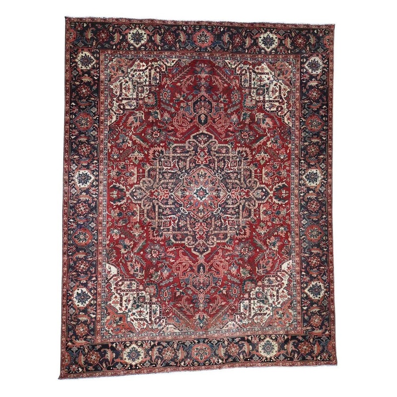 Shahbanu Rugs Red,Vintage Persian Heriz Good Condition Hand-Knotted Oriental Rug (9'5" x 12'2") - 9'5" x 12'2"