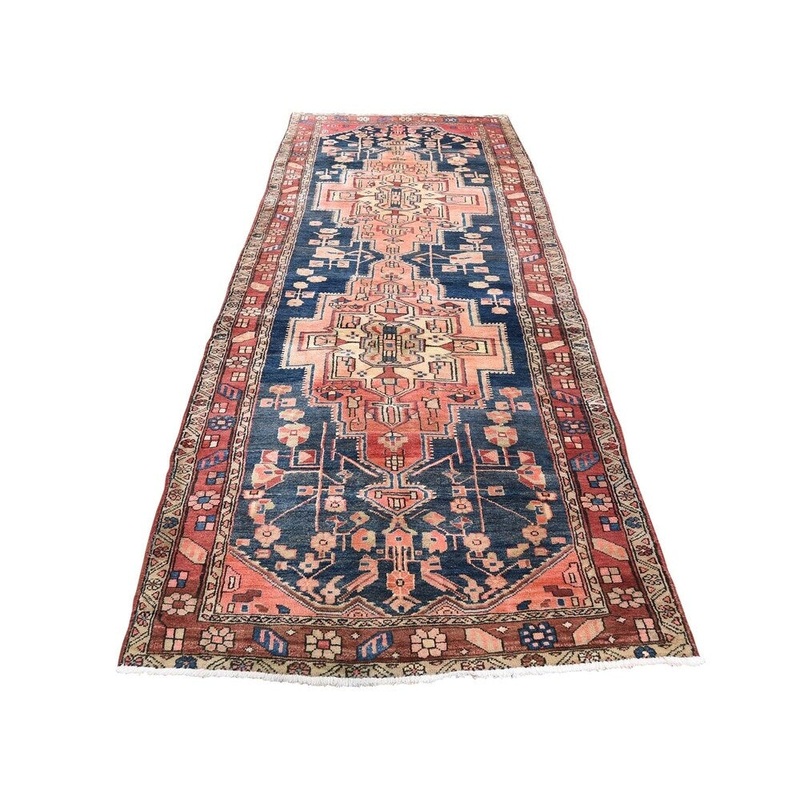 Shahbanu Rugs Vintage Persian Heriz Pure Wool Hand-Knotted Wide Runner Oriental Rug (3'5" x 10'4") - 3'5" x 10'4"