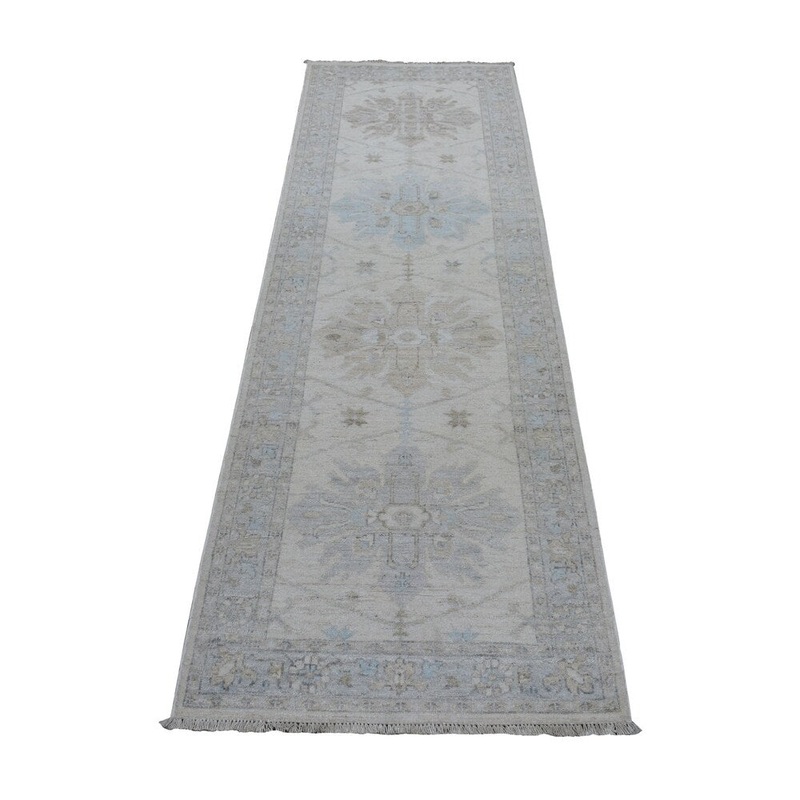 Shahbanu Rugs White Wash Peshawar Pure Wool Hand Knotted Runner Orientals Rug (2'5" x 7'10") - 2'5" x 7'10"
