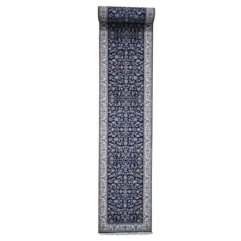 Shahbanu Rugs Wool And Silk 250 KPSI All Over Design Navy Blue Nain Handmade Runner (2'9" x 20'3") - 2'9" x 20'3"