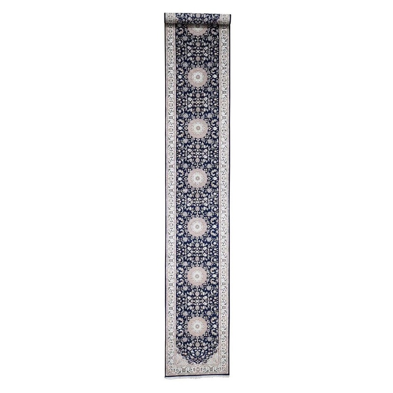 Shahbanu Rugs Wool And Silk 250 KPSI XL Runner Navy Blue Nain Hand-Knotted Rug (2'8" x 16'1") - 2'8" x 16'1"